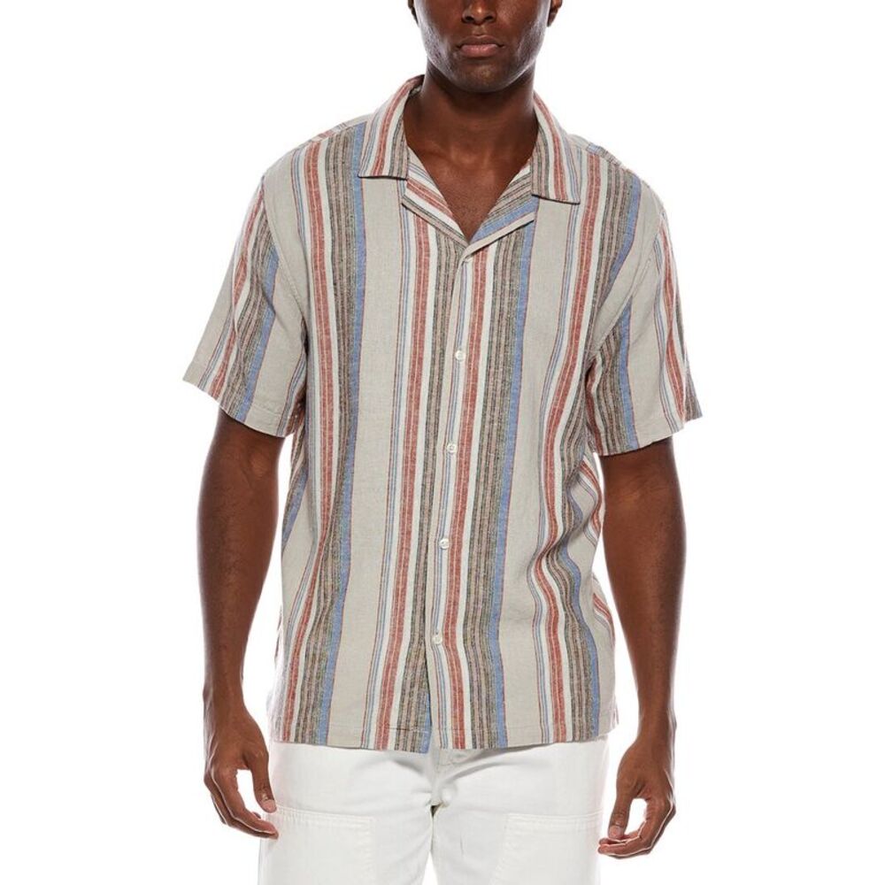 Truth Mens  Camp Collar Linen-Blend Stripe Shirt
